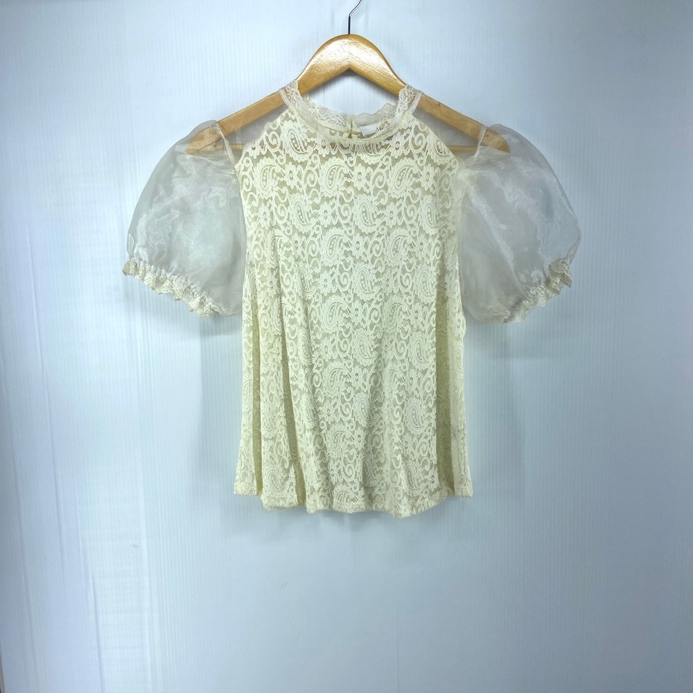 Melograno Rico Cream Paisley Lace Sheer Puff Sleeve Shirt Blouse Womens Medium